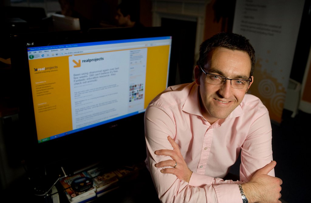 Scott Hewitt of Real Projects, E-learning software in his offices in Norwich.