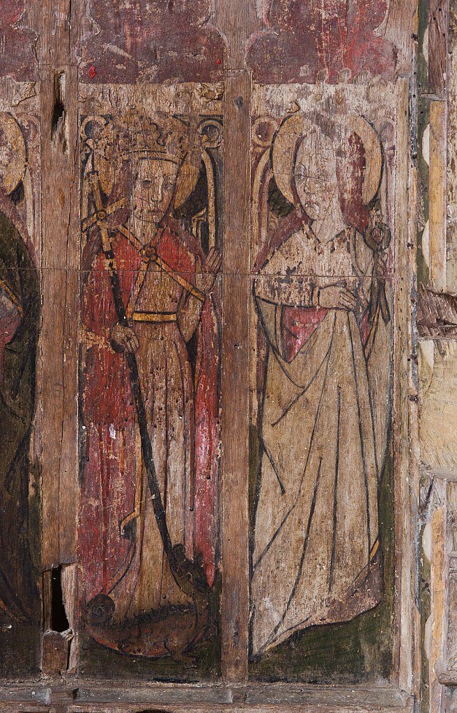 The rood screens and detail at St Andrew's Church, Westhall, Suffolk,UK. The screens are notable for their depiction of the Transfiguration of Christ, the only such surviving depiction in England.