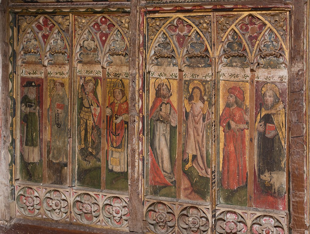 The rood screens and detail at St Andrew's Church, Westhall, Suffolk,UK. The screens are notable for their depiction of the Transfiguration of Christ, the only such surviving depiction in England.