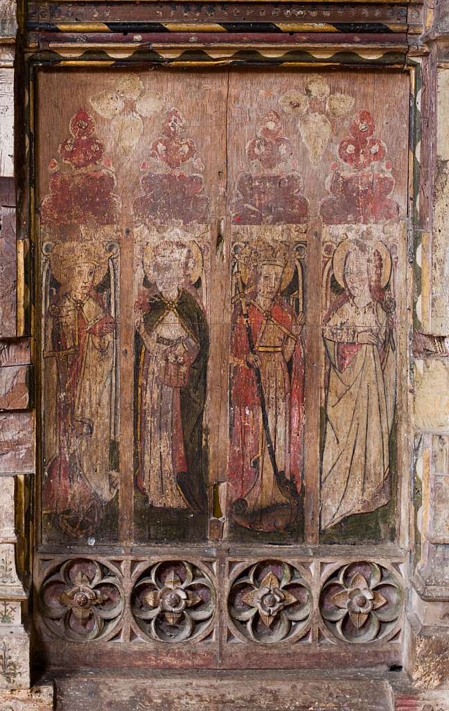 The rood screens and detail at St Andrew's Church, Westhall, Suffolk,UK. The screens are notable for their depiction of the Transfiguration of Christ, the only such surviving depiction in England.