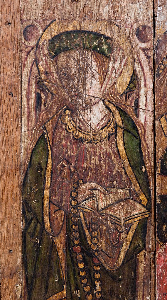 The rood screens and detail at St Andrew's Church, Westhall, Suffolk,UK. The screens are notable for their depiction of the Transfiguration of Christ, the only such surviving depiction in England.