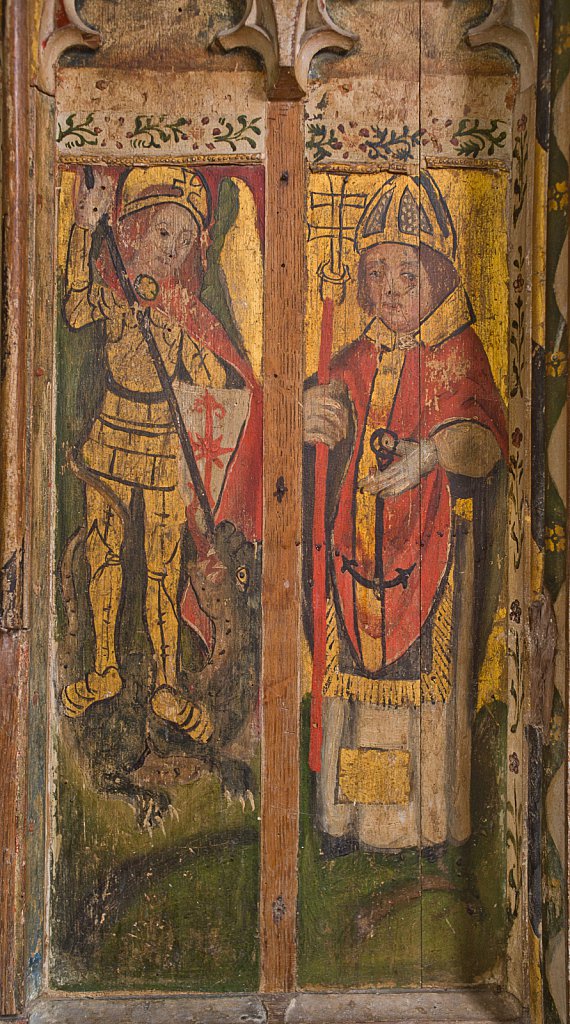 The rood screens and detail at St Andrew's Church, Westhall, Suffolk,UK. The screens are notable for their depiction of the Transfiguration of Christ, the only such surviving depiction in England.