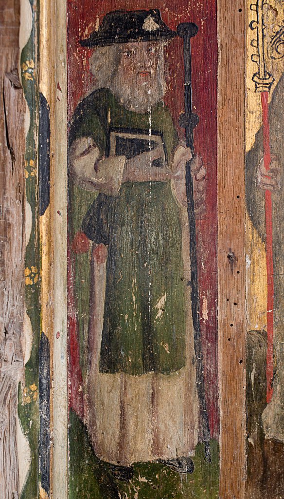 The rood screens and detail at St Andrew's Church, Westhall, Suffolk,UK. The screens are notable for their depiction of the Transfiguration of Christ, the only such surviving depiction in England.