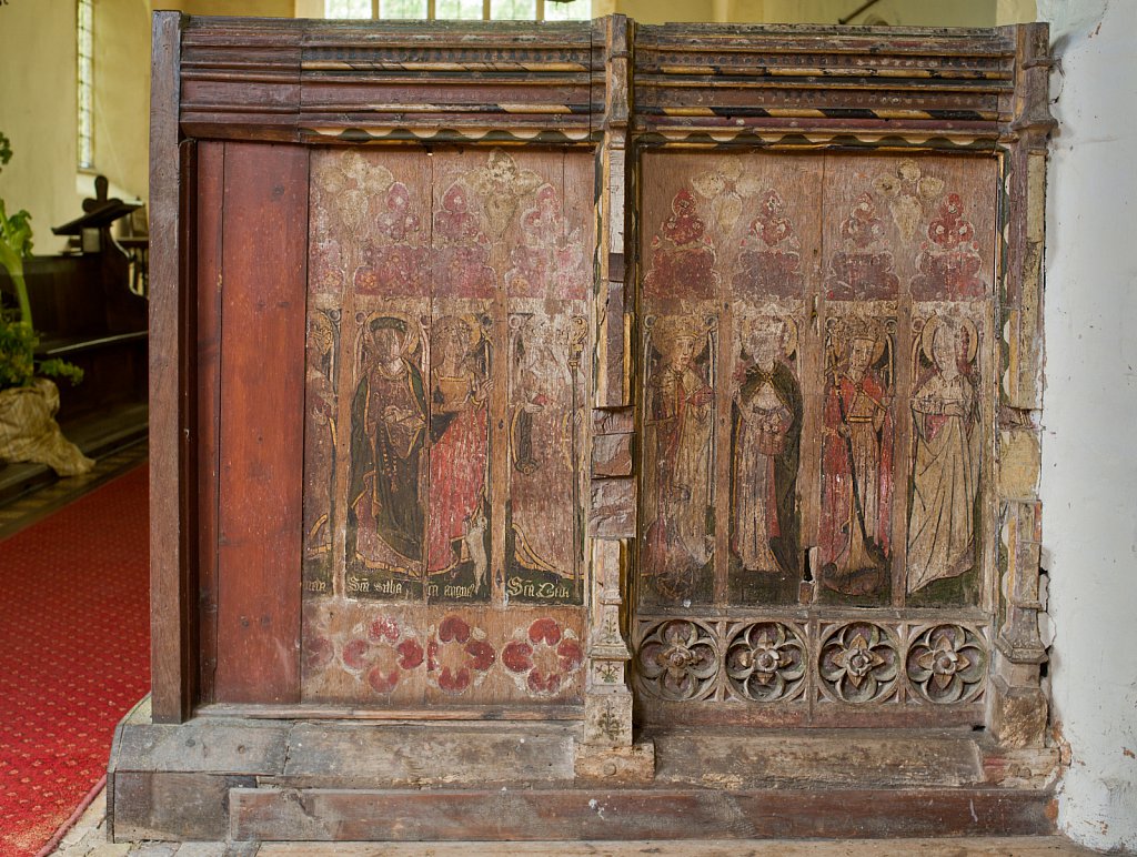 The rood screens and detail at St Andrew's Church, Westhall, Suffolk,UK. The screens are notable for their depiction of the Transfiguration of Christ, the only such surviving depiction in England.