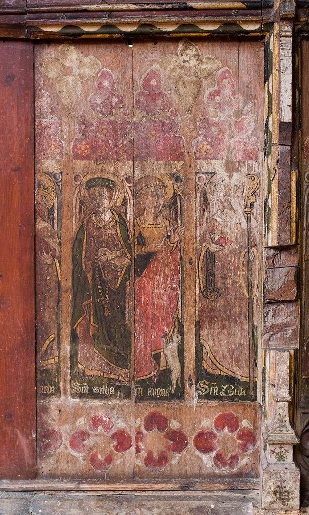 The rood screens and detail at St Andrew's Church, Westhall, Suffolk,UK. The screens are notable for their depiction of the Transfiguration of Christ, the only such surviving depiction in England.