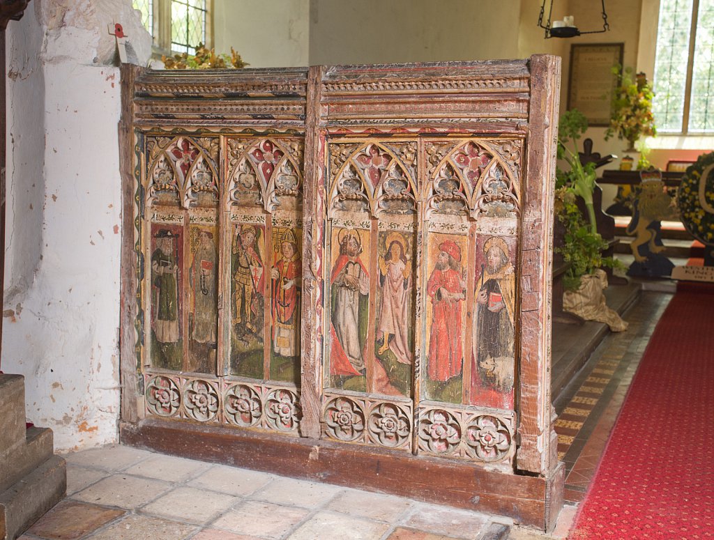 The rood screens and detail at St Andrew's Church, Westhall, Suffolk,UK. The screens are notable for their depiction of the Transfiguration of Christ, the only such surviving depiction in England.