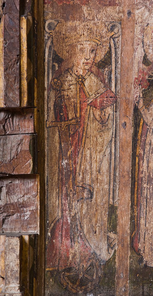 The rood screens and detail at St Andrew's Church, Westhall, Suffolk,UK. The screens are notable for their depiction of the Transfiguration of Christ, the only such surviving depiction in England.