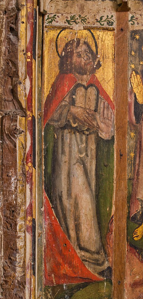 The rood screens and detail at St Andrew's Church, Westhall, Suffolk,UK. The screens are notable for their depiction of the Transfiguration of Christ, the only such surviving depiction in England.