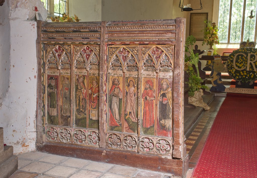 The rood screens and detail at St Andrew's Church, Westhall, Suffolk,UK. The screens are notable for their depiction of the Transfiguration of Christ, the only such surviving depiction in England.