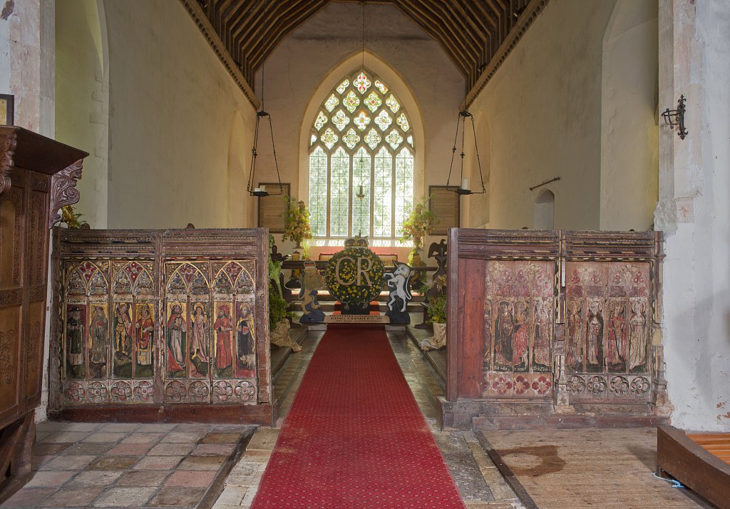 The rood screens and detail at St Andrew's Church, Westhall, Suffolk,UK. The screens are notable for their depiction of the Transfiguration of Christ, the only such surviving depiction in England.