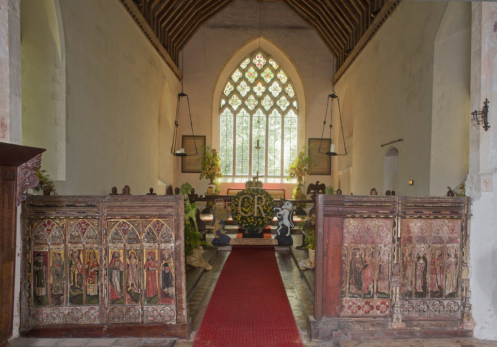 The rood screens and detail at St Andrew's Church, Westhall, Suffolk,UK. The screens are notable for their depiction of the Transfiguration of Christ, the only such surviving depiction in England.