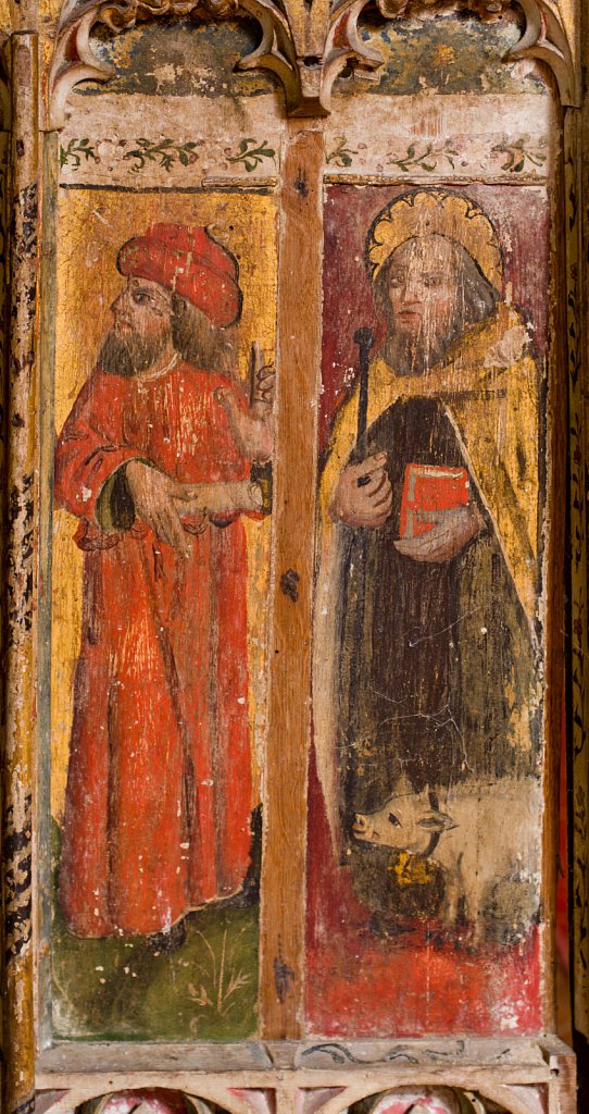 The rood screens and detail at St Andrew's Church, Westhall, Suffolk,UK. The screens are notable for their depiction of the Transfiguration of Christ, the only such surviving depiction in England.