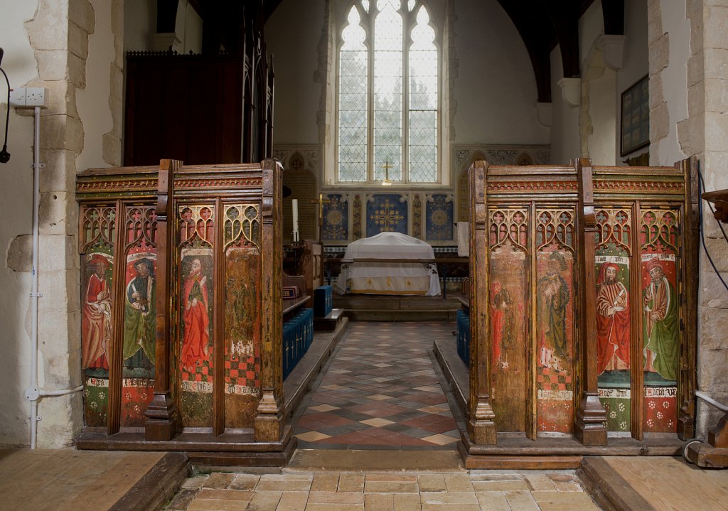 The rood screens at St Nicholas's church, Bedfield, Suffolk.