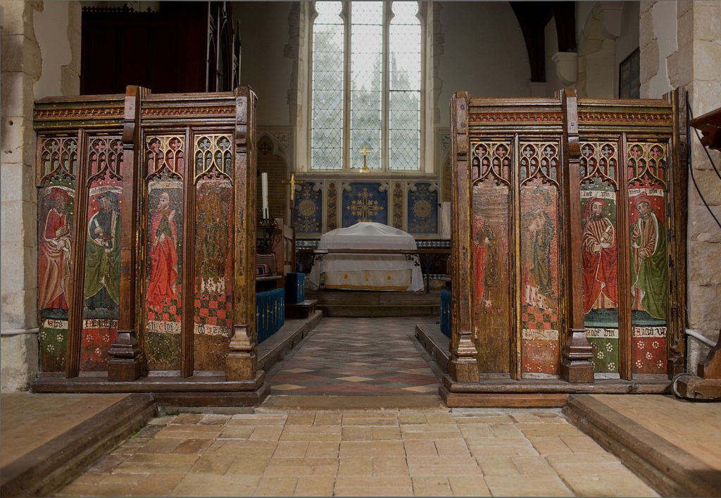 The rood screens at St Nicholas's church, Bedfield, Suffolk.