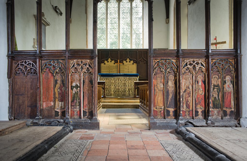 The rood screen and detail at the Church of Saint Peter & Saint Paul Barnham Broom, Norfolk,UK.