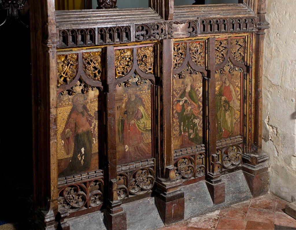 The Rood screen and detail at St Mary the Virgin, Yaxley, Suffolk,UK.