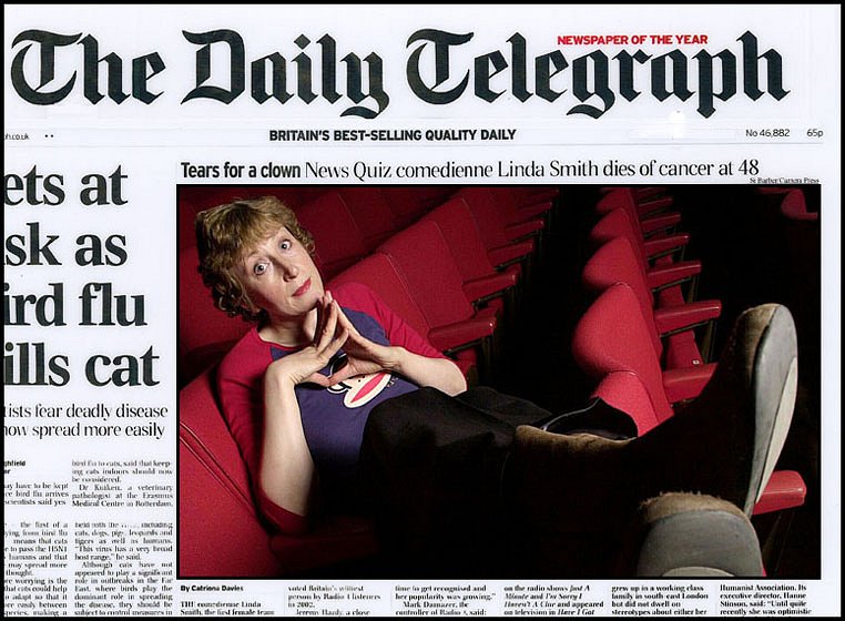 Linda Smith. Front Page For the Daily Telegraph.