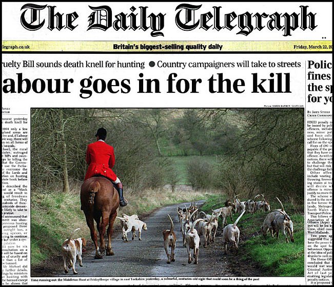 On the hunting ban Front Page, Daily Telegraph.